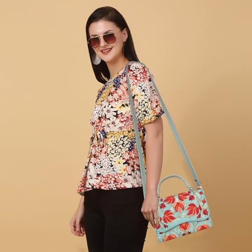 Image of Floral Embroidered Crossbody Sling Bag with Top Handle, Vintage Style Canvas for Women