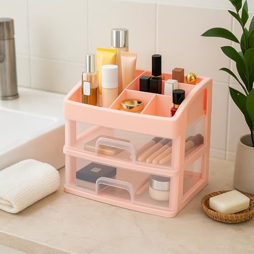 Image of JIALTO Makeup Storage Box and Organiser with 2 Layer Drawers & Top Compartment - Plastic Cosmetic Storage Box for Vanity, Skincare, Perfume, Brushes Lipsticks & More - Desktop Organizer (Pink)