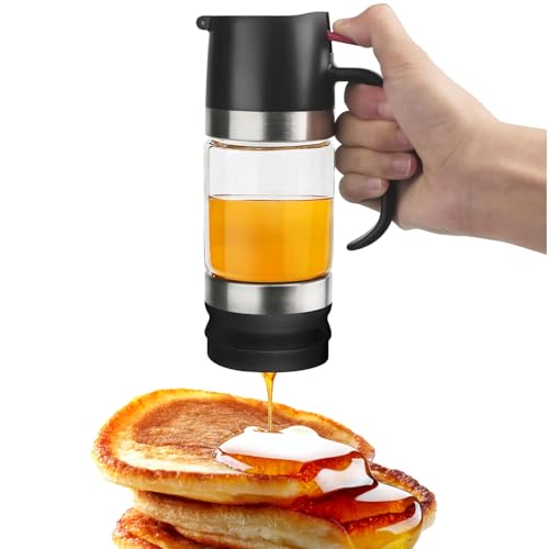 Justup Dispensador de miel de cristal, dispensador de jarabe de 300 ml con mango, dispensador de miel tipo prensado, sin goteo, tarros de miel para miel, jarabe, mermelada (negro, 300 ml)