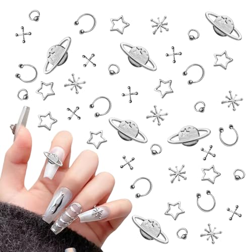ネイルパーツ パンク 120個セット 3D 立体 大きめ 十字架 星 惑星 クロス X形 地雷系 ネイルストーン シルバー デコパーツ ネイルアート パーツ メタル ジュエリーパーツ 合金 DIY 手芸素材 (A シルバー)