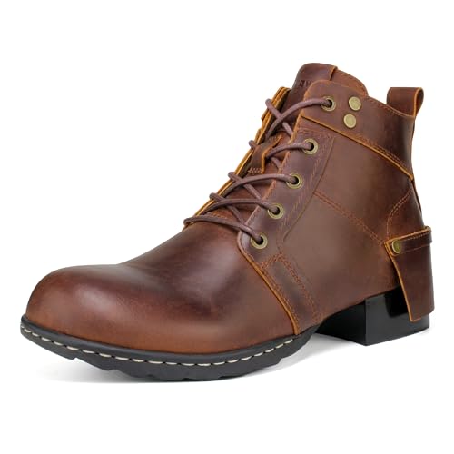 Motorcycle Boots Men CasuaL Riding Leather Motorcycle Combat Boot/Shoes Fashion Lace-up Chukka Boot Ankle Caramel Brown HF002-1