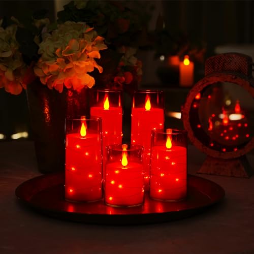 Image of Homemory Flickering Flameless Candles, Red LED Pillar Candles with Remote