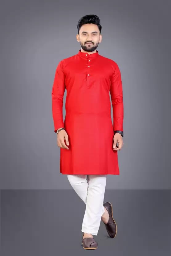Image of weltpocket Men's Cotton Blend Solid Straight Kurta Pyjama