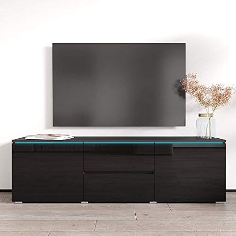 Meble Furniture Euphoria Classic Freestanding TV Stand - Modern Rectangular TV Stand with Storage Cabinets & LED Lights - Media Entertainment Center Console Table & TV Stand Upto 63" - Black Cover