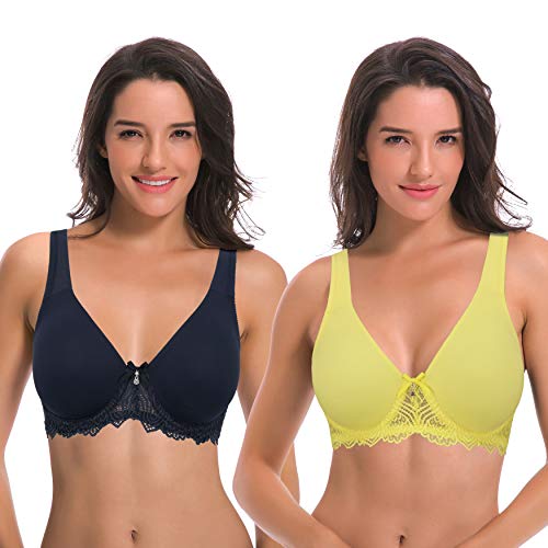 Curve Muse aux Femmes Non doublé Armature Dentelle Soutien-Gorge avec Rembourré Épaule Les Bretelles - Paquet de 2-Marine, Jaune Clair-100B-V2 Cover