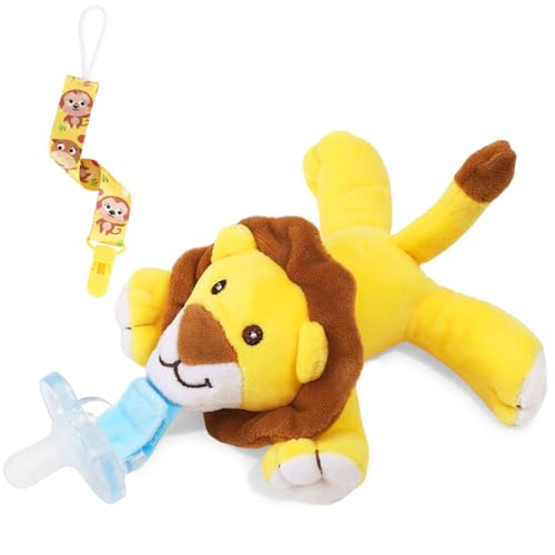 Zooawa Bebé Chupete con un Juguete de Peluche, Mordedor de Silicona sin BPA, Accesorio Ideal para Aplacar las Emociones del Recién Nacido – León