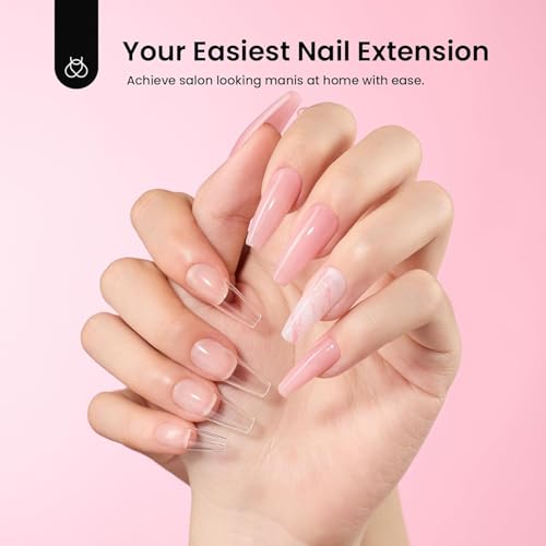 Image of Beetles Gel Nail Kit Long Coffin, with Dehydrator and Primer, 576Pcs Half Matte Etch-X Gel Nail Tips Solid Nail Glue Mini Lamp Acrylic Tips Easy DIY Extension Set Gift for Women