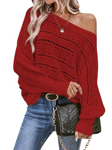 Image of Cakulo Womens Off Shoulder Sweater Top Fall Outfits Fashion 2025 Oversized Knit Batwing Long Sleeve Crochet Pullover Sweaters