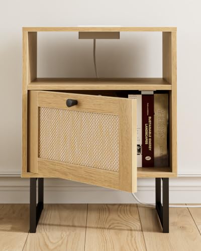 Image of Rattan Nightstand with Charging Station, Boho Night Stand Farmhouse Wood Bedside Table with Storage and Open Shelf, End Side Accent Table for Bedroom,Living Room,Oak