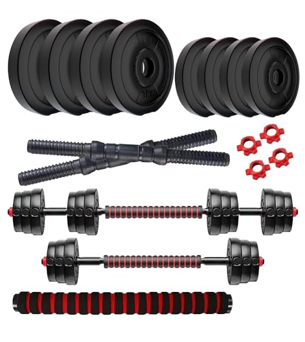 Image of Amazon Brand - Symactive PVC 16kg 3 | in | 1 Convertible Dumbbells Kit for Full Body Workout (1 Kg x 4 + 3 Kg x 4 PVC Weight | 14'' Dumbbell Rods Pair & Nuts | 1 Cushioned Connector Rod) | ‎44.5L x 23W Cm