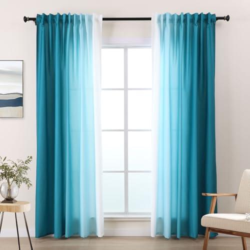 L.Z.E Double Rideau Moderne dégradé - Voile Turquoise et Blanc à Ruban froncé - Compatible Rail Coulissant - Longueur 225 cm - pour Chambre/Salon