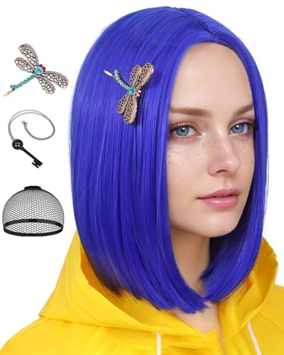 Guree Hair Blue Bob Wig + Gold Dragonfly Hairpin + Key Pendant Necklace for Costume Synthetic Blue Wigs for Halloween Cosplay Party Use