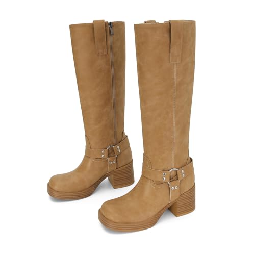 Dsevht Leather Knee High Chunky Platform Heeled Long Boots for Women: Round Toe GoGo Riding Motocycle Boots3