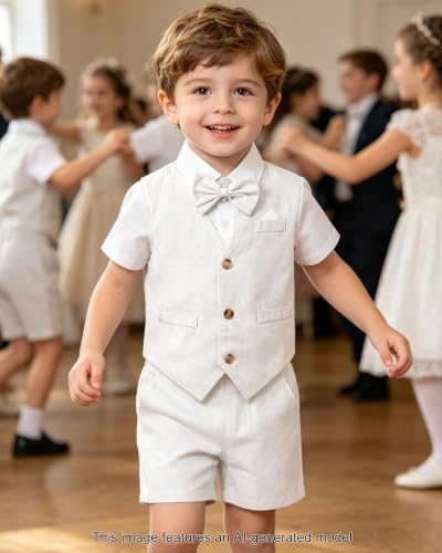 Image of SANGTREE Baby Boy Suit Wedding Ring Bearer Outfits Vest Short Sleeve Bowtie Shirt Suspender Summer Gentleman Shorts Sets
