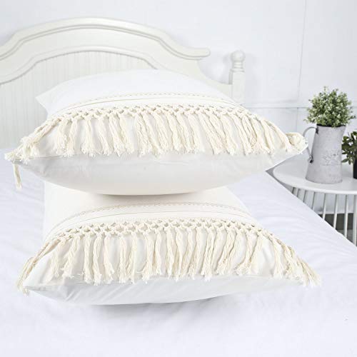 YINFUNG Boho Pillow Shams Standard Ivory Macrame Tassel Pillowcase Set of 2 Fringe Crochet Cream Decorative Off White Beige Cute Elegant Pretty 100% Cotton Romantic 20x26