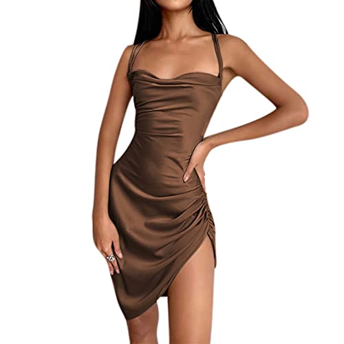 Image of JUMISEE Women Satin Ruched Lace Up Bodycon Mini Dress Sexy Backless Spaghetti Strap Party Dress for Cocktail Clubwear