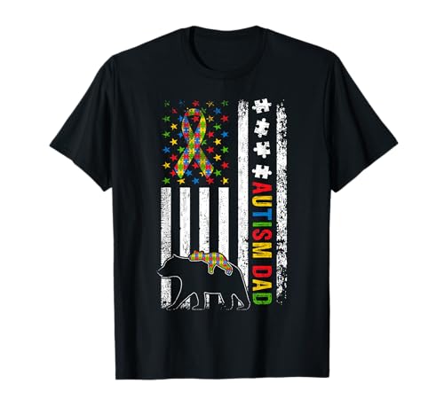 Autismo Papá Oso Bandera Americana Conciencia Autista Puzzle Camiseta