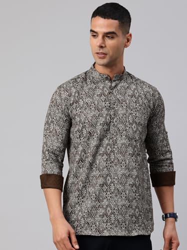 Image of Majestic Man Men's Pure Cotton Printed Mandarin Collar Regular Fit Roll-Up Sleeves Short Kurta