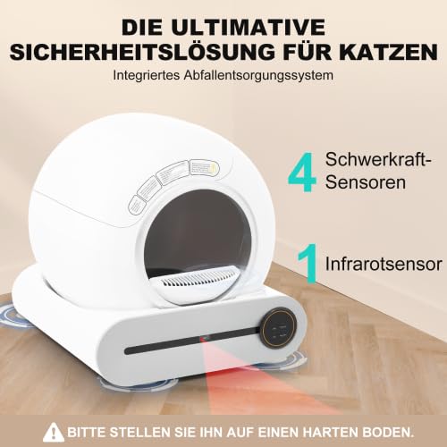 Automatyczna kuweta dla kotów, samoczyszcząca, sterowana aplikacją, dla wielu kotów, 65 l, z czujnikiem podczerwieni i konstrukcją bezpieczeństwa, biała, 48 x 52 x 50,5 cm