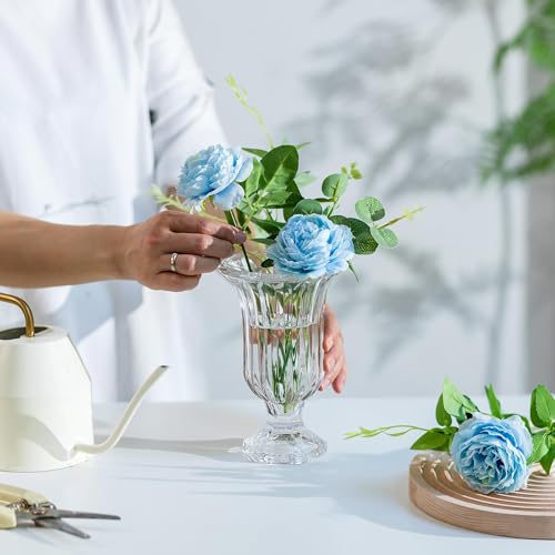 Glasseam Pedestal Glass Vase For Flowers, 7.5In Tall Compote Vase Set Of 3, Crystal Clear Vases For Centerpieces, Ribbed Decorative Vases For Home Decor, Cute Footed Urn For Living Room Decorations thumb #2