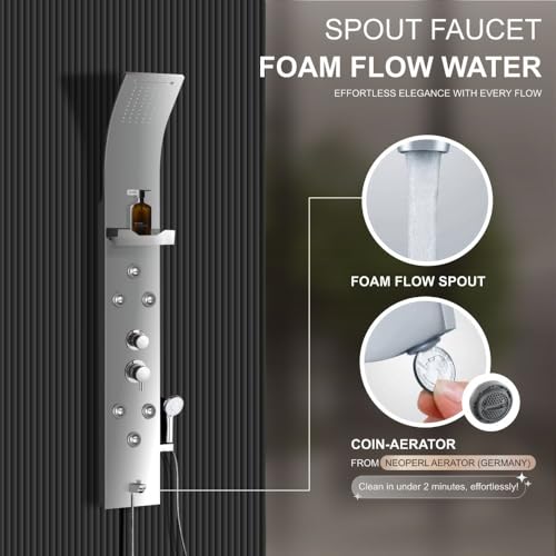 Image of Jaaz Hydra Matte Shower Panel for Bathroom Full Set with Rain & Waterfall Overhead Shower, 6-Body Jets, 5-Function Mixer & Diverter, Shampoo Rack, Hand Shower & Tub Spout (Steel Matte)