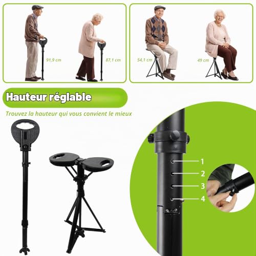 ALEVMOOM Canne de Marche réglable avec siège pour Homme et Femme, Canne de Marche Pliable légère avec Sac de Transport, Charge maximale de 250 kg, Tabouret Portable avec Coussin pour Personnes âgées – vue 2