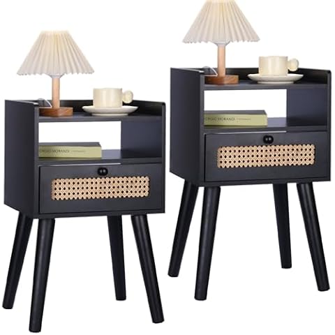 EOYUTLLY Nightstand Set of 2, Side Table with Storage Drawer and Open Shelf, Bedside Table for Solid Wood Legs, Modern End Table for Living Room, Bedroom and Small Space, Black Cover