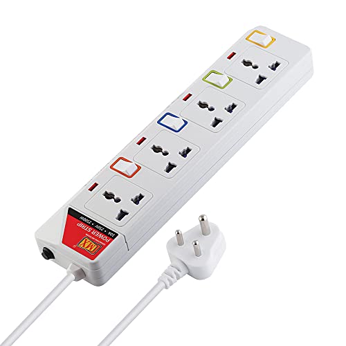 Image of MX 4 Sockets Power Strip with Universal Socket - Individual Switch with Circuit Breaker Protection Spike Guard Extension Board - (15 Foot) Power Cable - 5 Amp (5Mtr) White