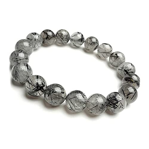 Bracelet quartz rutilé noir perle 10mm bijoux lithothérapie unisexe 18cm
