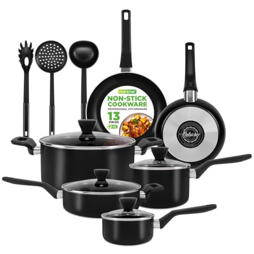 NutriChef Juego de ollas y sartenes antiadherentes de 13 piezas, con cacerola, sartenes, ollas, cacerola, tapas, cucharón, tenedor, colador, resistente al calor, sin PFOA, color negro