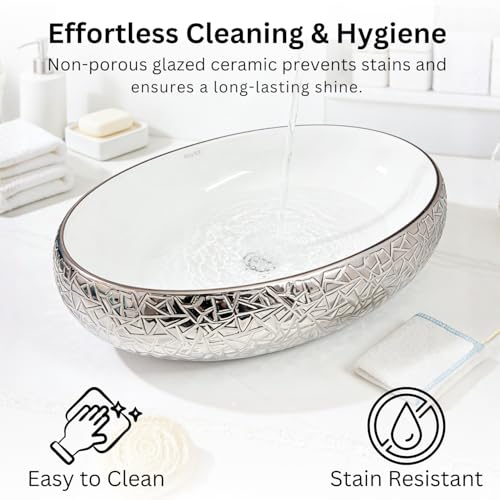 Image of Wallace Designer Oval Table Top Wash Basin 60x40x15 cm White Textured Finish | Premium Ceramic Countertop Vessel Sink | Luxury Over Counter Bathroom Basin