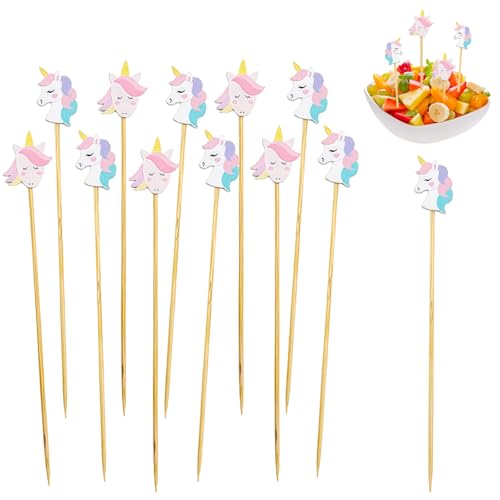 LUMOOM 100 pinchos de cóctel de unicornio, palillos de bambú para decoración de cócteles, 12 cm, pinchos de madera como brochetas de frutas, brochetas de queso, para cumpleaños, bodas (unicornios)