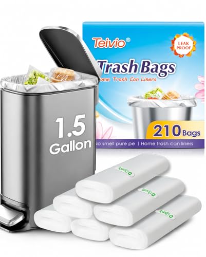 Teivio 1.5 Gallon 210 Counts Small Trash Bags Garbage Bags Bathroom Trash Can Bin Liners Small Plastic Bags for home office kitchen Clear