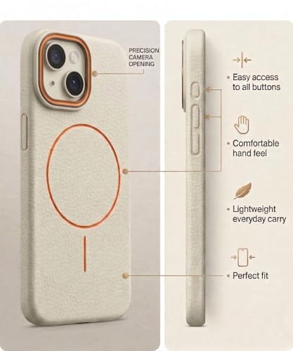 Image of amazon basics Luxury MagSafe Compatible Leather Texture Back Cover for iPhone 13 | Raised Camera Protection | Slim Fit Shockproof Case with Metallic Accents (White)