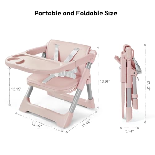 Image of Baby High Chair Booster Seat: Portable Booster Seat for Kitchen s Dining Chair Foldable Highchair - Travel Size Tool-Free Setup Adjustable Tray (Pink)