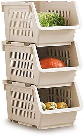 Storage Stacking Basket Set of 3,Sackable Shelves Plastic Storage Rack Stand Stacking Stackable Basket Large Stacking Storage Baskets for Vegetable Fruit Food Storage Basket Rack Organizer (Beige)