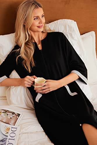 Ekouaer Women Zipper Robe 3/4 Sleeves Loungewear Dress Full Length Sleepwear Pockets Housecoat Nightgown Long Bathrobe2