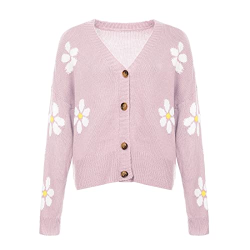 Women’s Knit Loose Cardigan Open Front Button Down Casual Knit Sweaters Fall Loose V Neck Crop Bolero Pink #TOP2