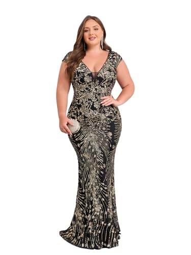 Image of Plus Size Womens Sequined Long Evening Gown Glamous Sleeveless V-Neck Mermaid Prom Dress for Wedding Party