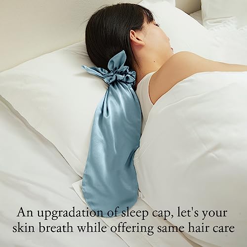 Image of LILYSILK 100% Silk Bonnet for Sleeping & Daily Usage, 2-in-1 Silk Hair Ties with Silk Scrunchies for Long and Curly Hair Elastic Adjustable for Women Ladies and Girls Blue Haze