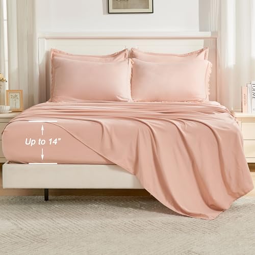 Image of Andency Pink Full Size Comforter Set with Sheets - 7 Pieces Boho Tassel Bed in a Bag Soft Lightweight Bedding Sets, Pink Fringe Bed Set with Comforter, Sheets, Pillowcases & Shams