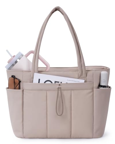 Wandering Nature Puffy Quilted Tote Bag w/ 15.6" Laptop Compartment (Beige) - image 1