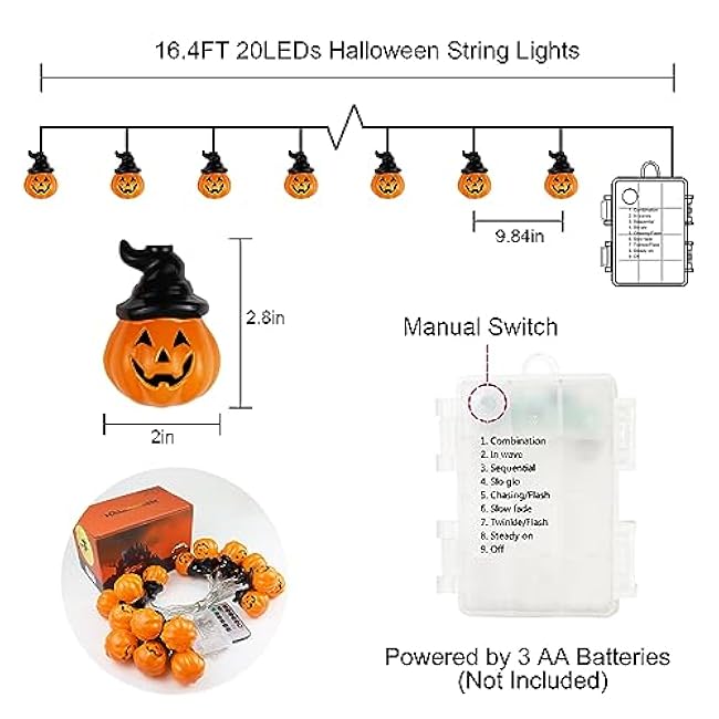 Halloween Pumpkin String Lights with Witch Hat, 20 LED 16.4FT 8 Modes Timer 3D Waterproof Orange Jack-O-Lantern Battery Operated Flickering Lights for Indoor Outdoor Decor Party Decorations