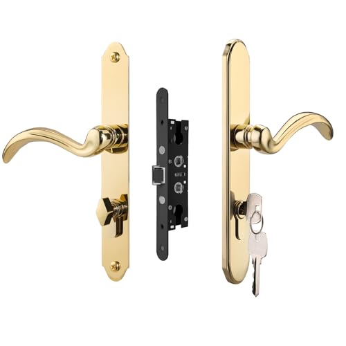 HauSun Storm Door Handle Set Replacement Kit with 2 Point Mortise Lock and Key Security Door Keyed Lever Handle Fits for Pella or Larson Storm Door (Polished Gold)
