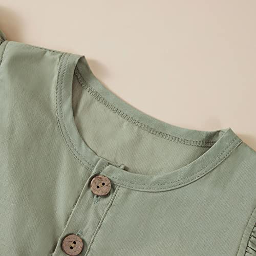 Toddler Baby Girl Cotton Linen Dress Ruffle Sleeve Vintage Button Casual Party Dresses (Green,3-4T) #TOP4