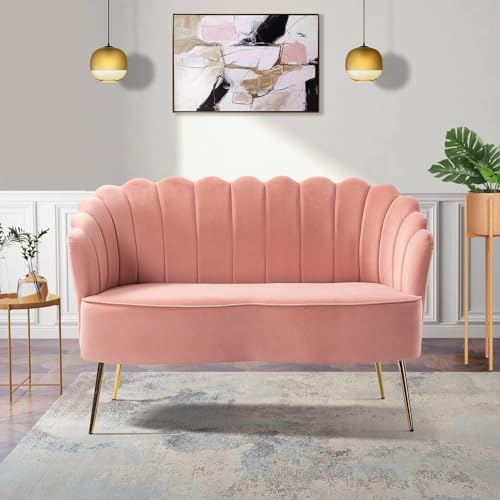 Image of Velvet 2 Seater Sofa Upholstered Loveseat Couch with Metal Legs Arm Backrest for Living Room Bedroom (Pink)