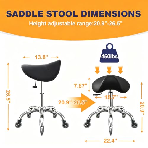 Image of Saddle Stool, Adjustable Ergonomic PU Leather Rolling Drafting Chair, Black