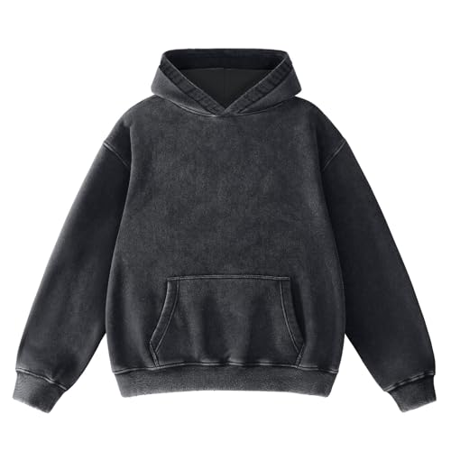 FAIABLE Mens Hoodies Oversized Unisex Acid Wash Hoodie Heavyweight Fleece Vintage Washed Distress Cotton Sweatshirt Men Women Couples Streetwear College Casual Fall Winter Autumn 2025 Black