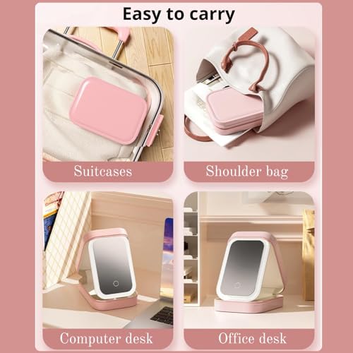 Image of LED Makeup Box with Adjustable Light-Up Mirror, 3 Color Light Settings, Dust-Proof Cosmetic Case, Jewelry Organizer and Multi-Compartment Storage Box for Women (Pink)