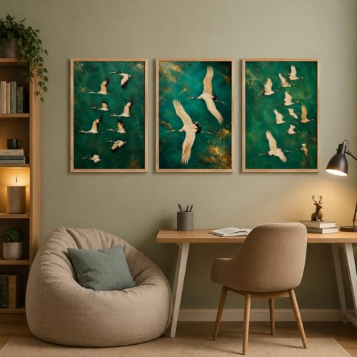 Image of Artify Set of 3 Flying Crane Birds Wall Painting for Living Room Bedroom Hall Office Decor, Premium Wooden Synthetic Frame Green Artwork Gift
